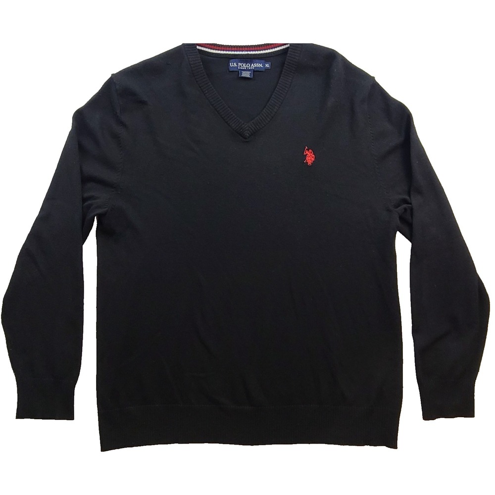U.S. Polo Assn Mens XL Black V Neck Sweater Red Pony Logo Preppy Pullover Knit